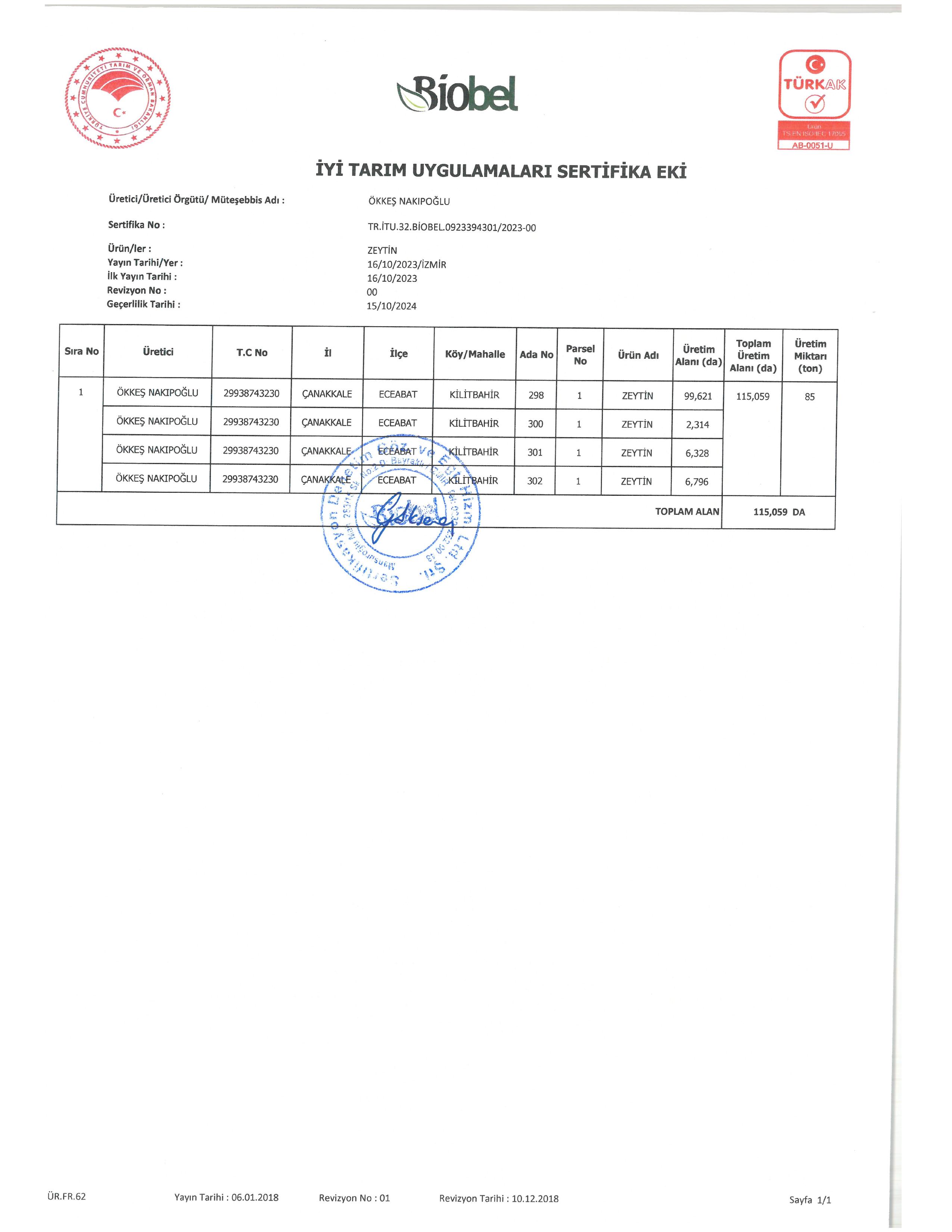 Ganos Olive Oil iyi tarım sertifikamız sayfa 2